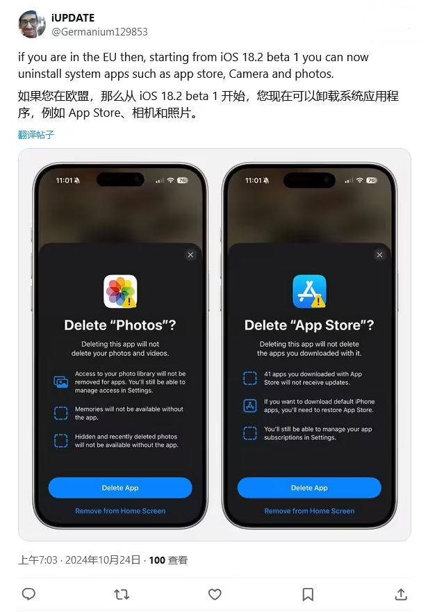 岭东苹果手机维修分享iOS 18.2 支持删除 App Store 应用商店 